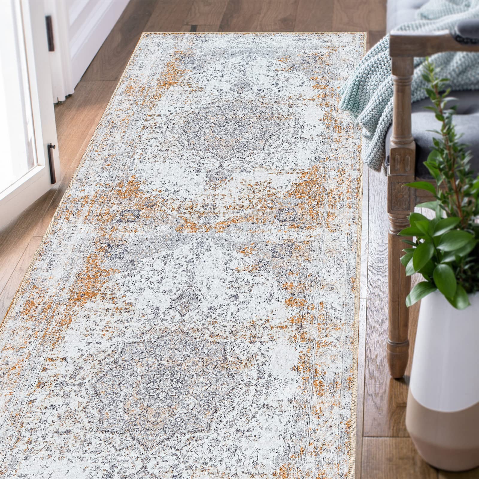 TOPICK Runner Rug Washable 60x210cm Taupe Entryway Floral Print Indoor Long Rug Lightweight Non Slip Carpet for Kitchen Bathroom Entrance