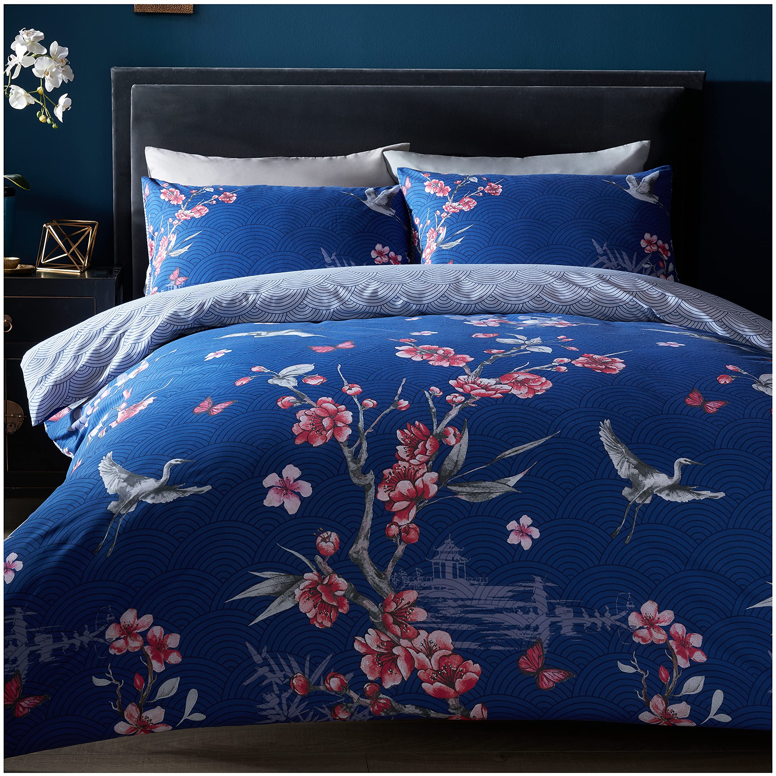 GC GAVENO CAVAILIA Easy Care Floral Single Duvet Cover, Soft & Cosy Botanical Bedding Set, Polycotton Bed Set, Navy