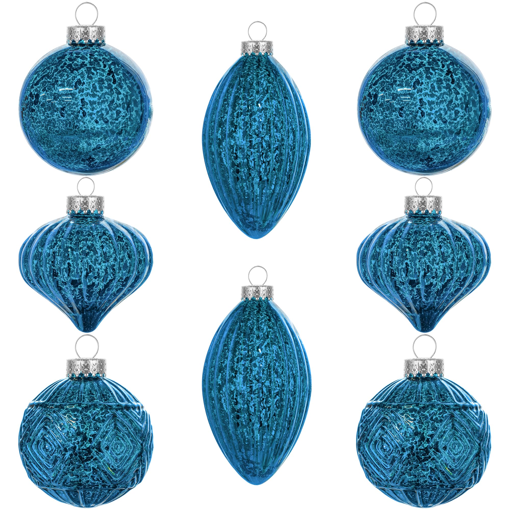 KI Store Mercury Glass Christmas Tree Ornaments Blue 80mm 120mm Set of 8 Hanging Christmas Baubles Finials for Tree Decoration Holiday Décor