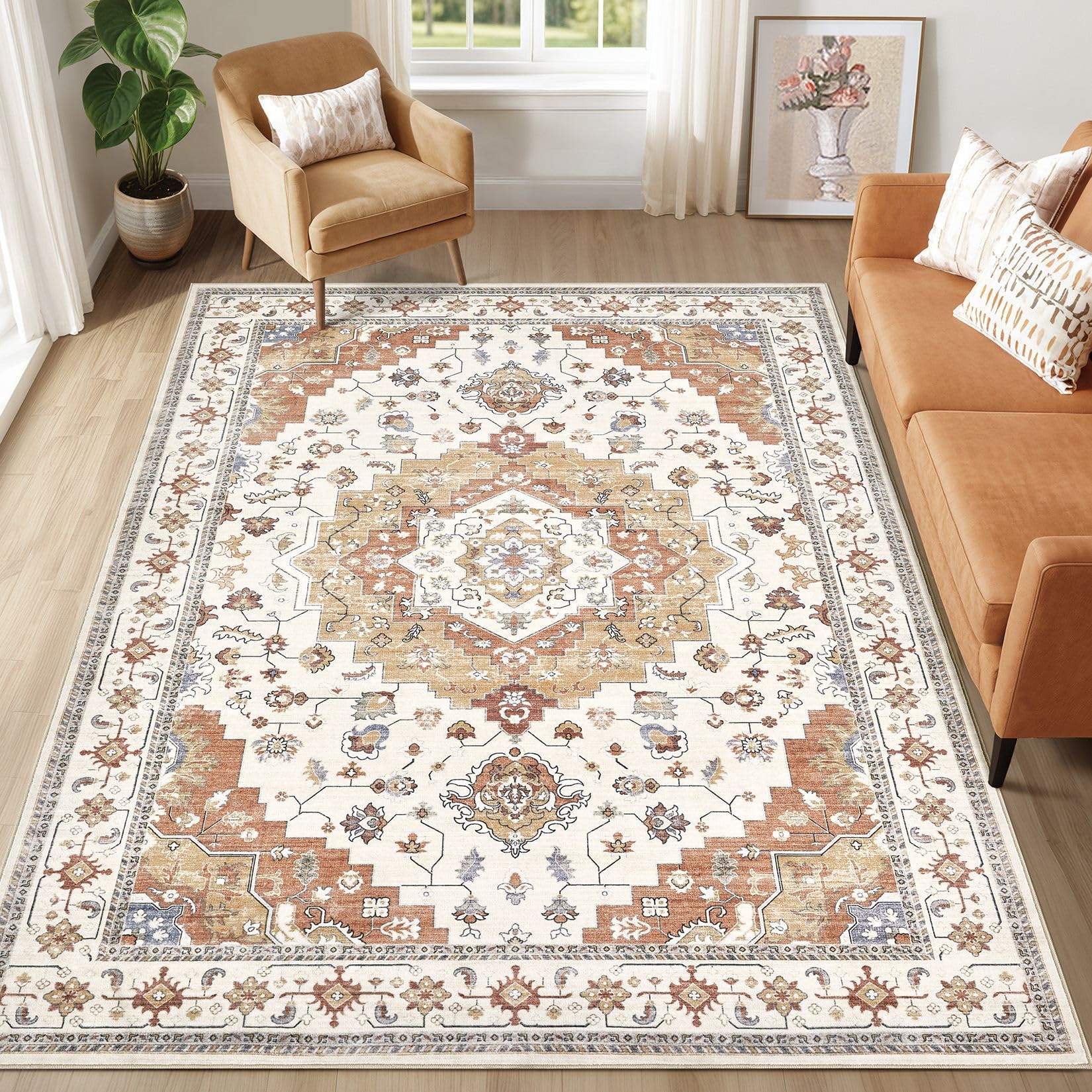 Photo 1 of EIEIHOUSE Area Rugs for Living Room: Washable 5x7 Living Room Rug Large Soft Vintage Floral Farmhouse Indoor Retro Area Rugs for Bedroom Dining Room Home Office - Yellow/Brick Red/Beige