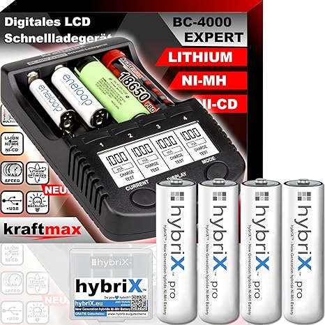 Original BC-4000 EXPERT Ladegerät + 4 hybriX Pro Mignon AA Akkus - SET mit Ladestation und Akku Batterien in kraftmax Premium