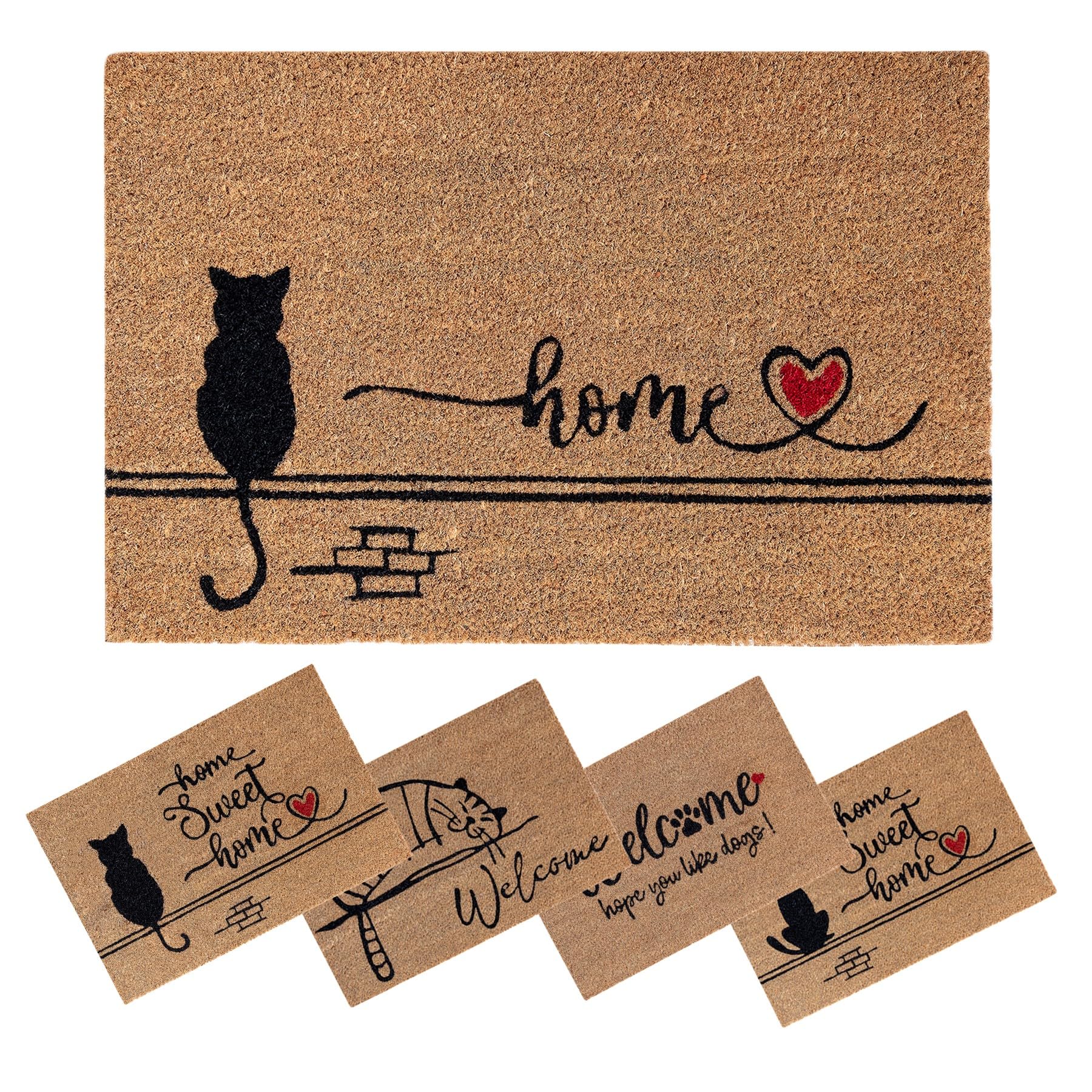 SPOTTED DOG GIFT COMPANY Coir Door Mat, Inside Outside Door Mats, Welcome Mat, Indoor Outdoor Doormats, Front Doormat, Cat Design with PVC Backing, Entrance Door Mat, Heavy Duty Coir 40x60 Black Cat