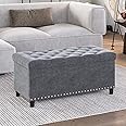 BELLEZE 35 Inch Storage Ottoman, Button-Tufted Ottoman Linen Storage Bench with Safety Close Hinge, Ottoman with Storage for Living Room, Entryway, Hallway, Foot Rest, Support 300lbs - Grey