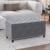 BELLEZE 31" Tufted Ottoman, Storage Bench with Safety Close Hinge, Ottoman with Storage for Living Room, Entryway, Hallway, Foot Rest, Support 300lbs - Grey