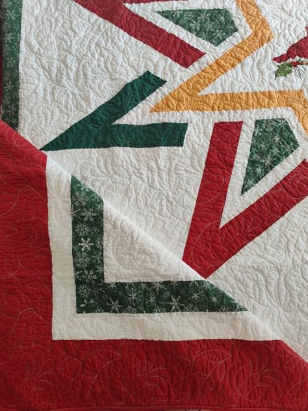 VOHANIDE HANDMADE KING SIZE PATCHWORK QUILT SET WITH EMBROIDERED CARDINAL & STARS – RUSTIC FARMHOUSE COTTON BEDDING – CRIMSON, FOREST GREEN & GOLD – ALL SEASON DECORATIVE QUILT