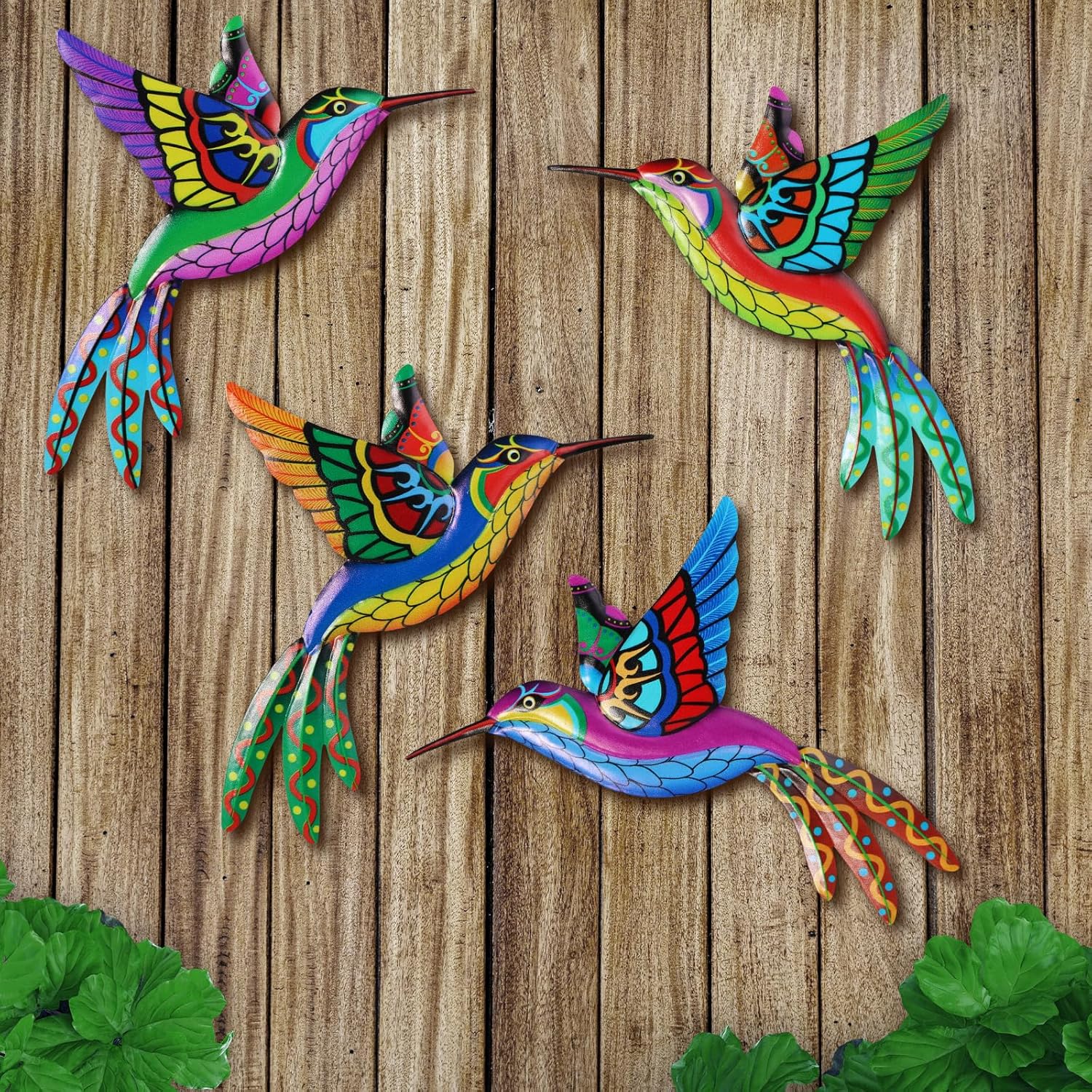 Plaques & Wall Art - BUARO8AGA 4 Pack Metal Hummingbird Wall Decor, 3D Colorful Birds Wall Art Sculpture with Two Hooks Outdoor Indoor Decoration Hanging for Living Room Bedroom Balcony Patio Fence Yard, Home Decor Gift