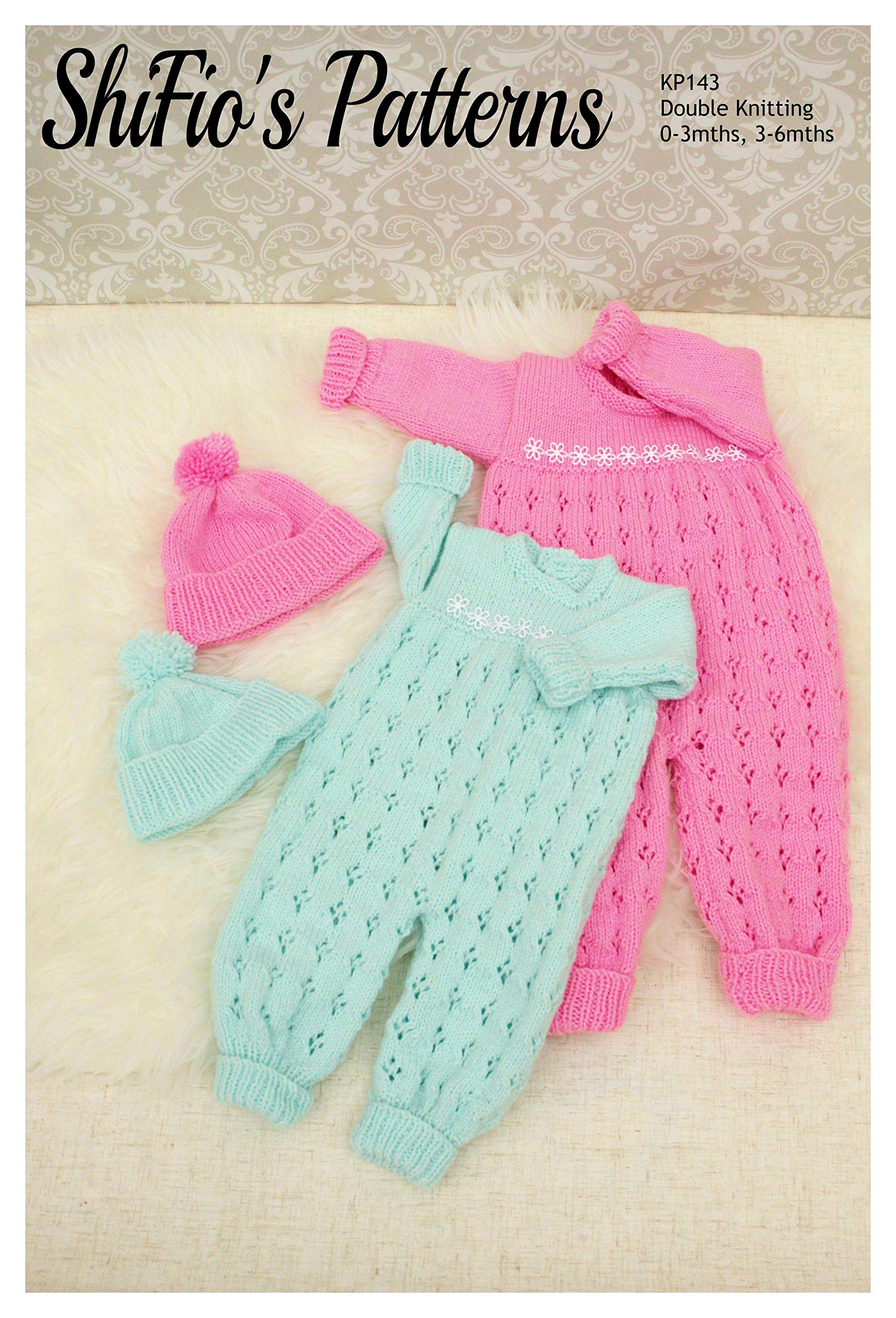 KP143 Baby Playsuit & Hat Knitting Pattern - All-in-One, Double Knitting, 0-3mths & 3-6mths