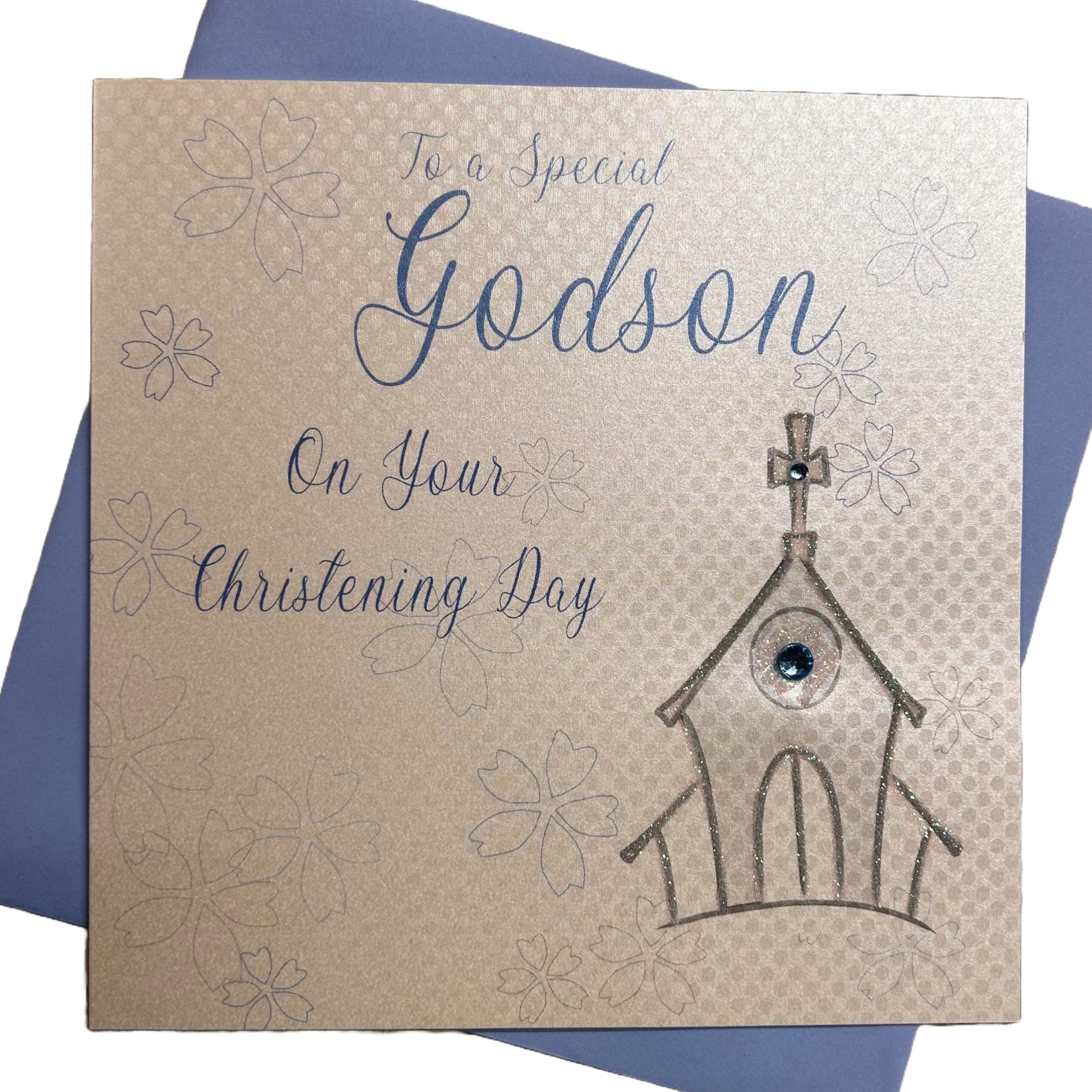 WHITE COTTON CARDS To a Special Godson on Your Christening Day Handmade Card, Church, WB186,16cm x 16cm