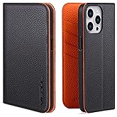 VISOUL Genuine Leather Wallet Case for iPhone 14 Pro Max (6.7") with Card Holder, Magnetic Flip Cover & Kickstand - Black+Orange