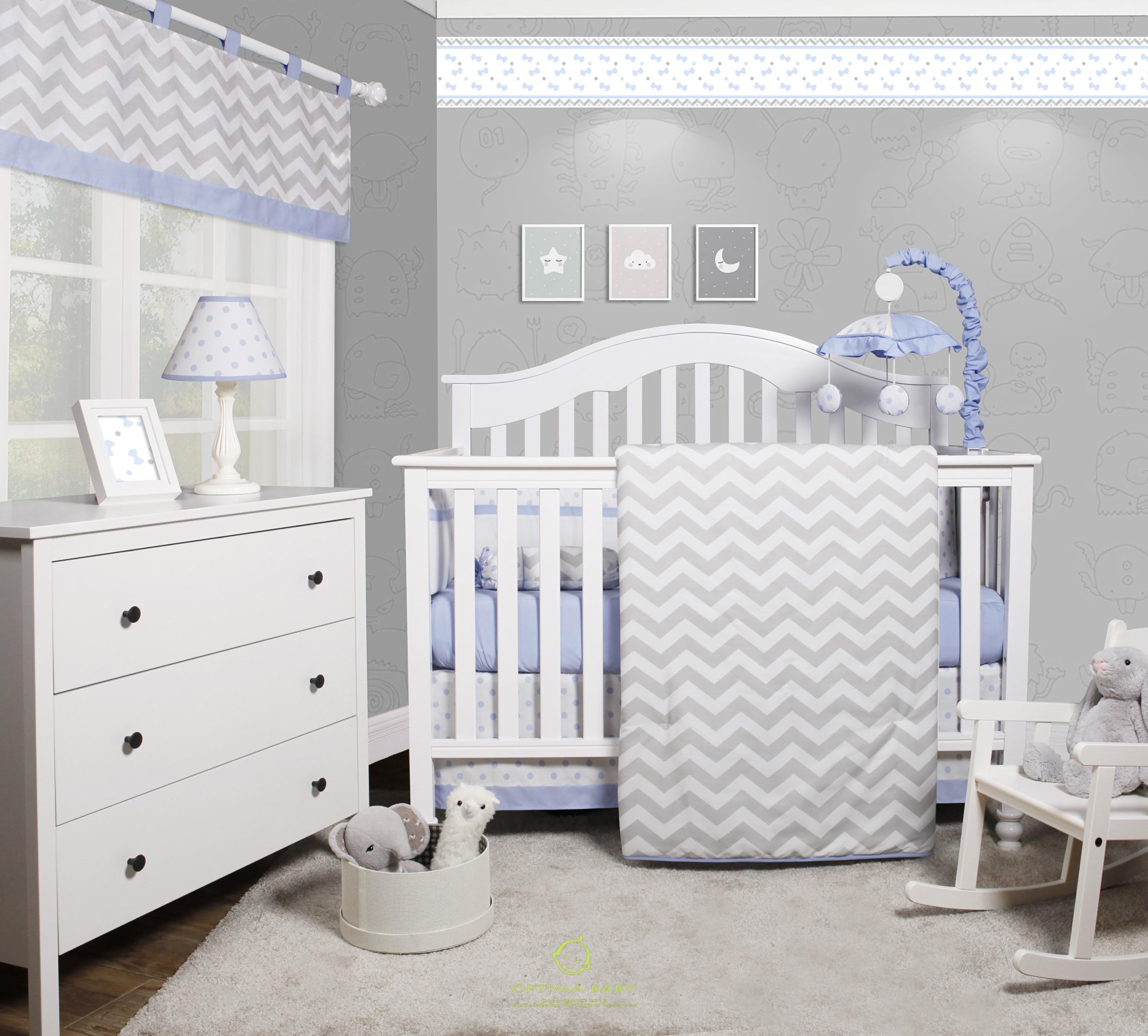 GEENNY OptimaBaby Blue Grey Chevron 6 Piece Baby Nursery Crib Bedding Set