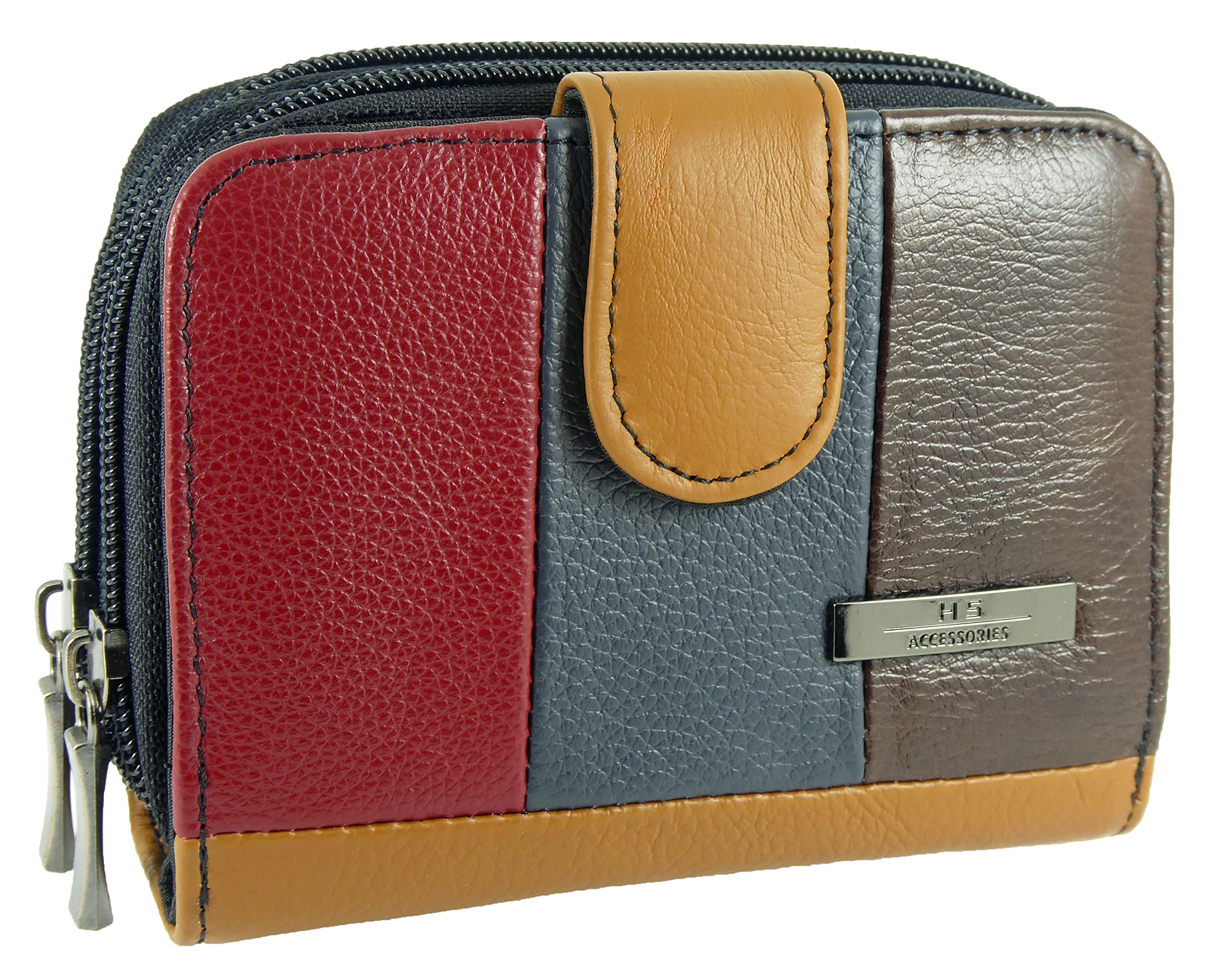 Hide and Sleek Ladies Leather Double Zip Around Purse - Cards, 2 Notes, Coins (Multicoloured)