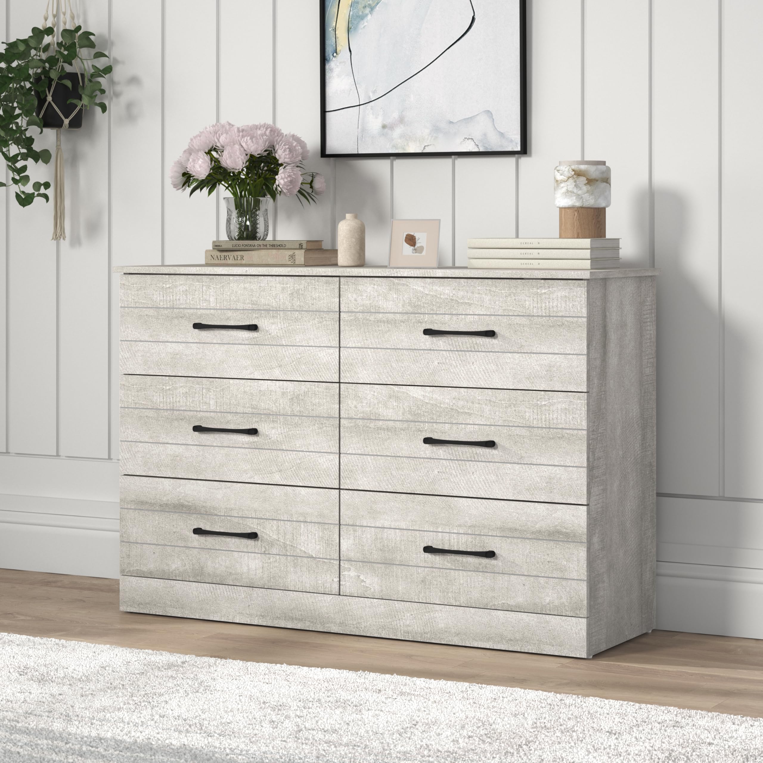 Photo 1 of Galano Elis Wooden 6 Drawer Dresser for Bedroom with Interlock, Modern Storage Chest Dresser for Nursery and Children, Wide Closet for Kids Room, 47.2" W x 15.8" D x 31.5" H, Dusty Grey Oak