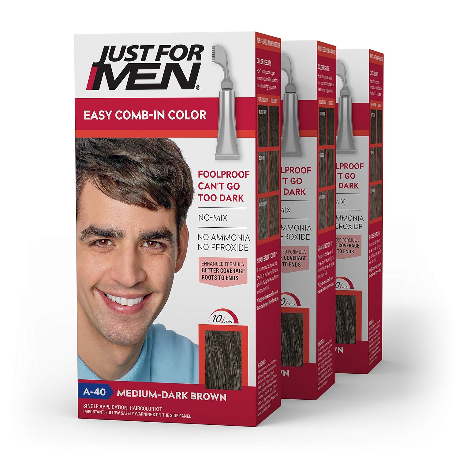 Just For Men Easy Comb-In Color (Formerly Autostop), Gray Hair Coloring for Men with Comb Applicator - Medium-Dark Brown, A-40 - Pack of 3 (Packaging May Vary): Beauty