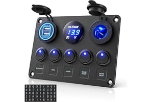 MICTUNING 5 Gang Rocker Switch Panel with LED Light 12V-24V Toggle Switch Panel with Dual Charger Digital Voltmeter Cigarette