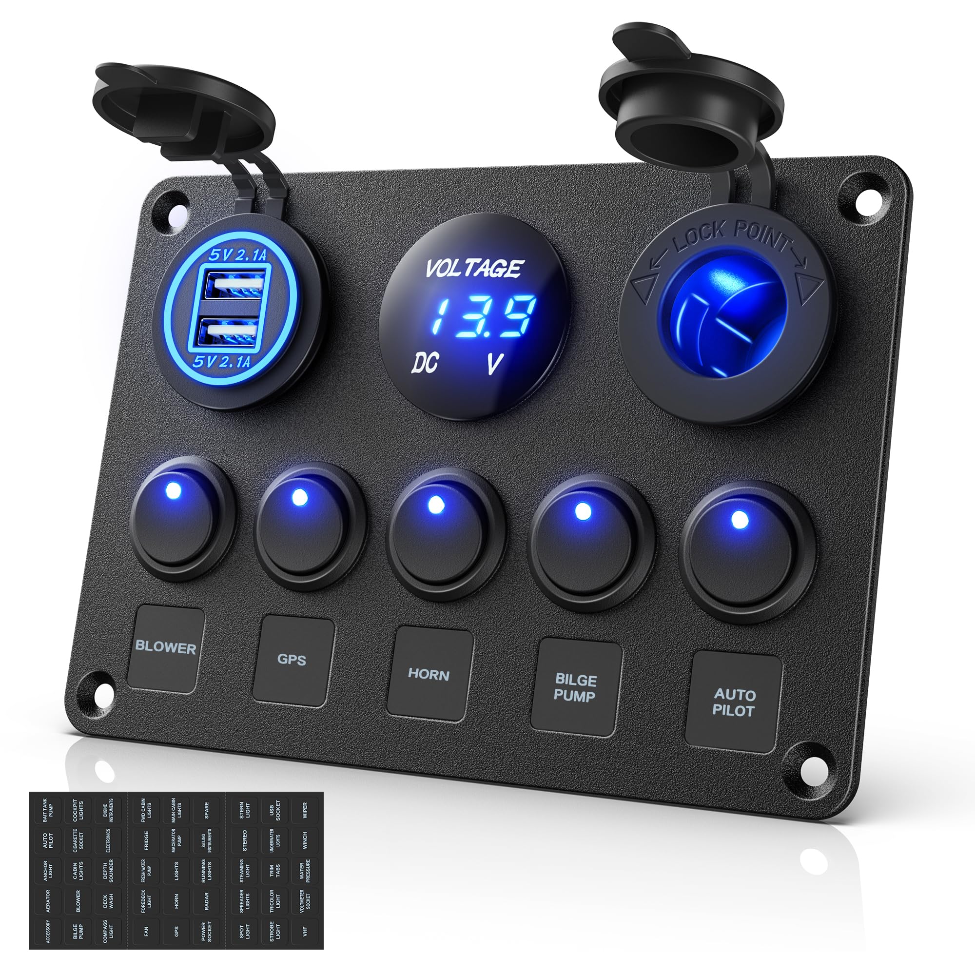 MICTUNING IP65 Waterproof 12V/24V Switch Panel, 5 Gang Rocker Switch Panel with LED light Toggle Switch Panel with Dual USB Charger Digital Voltmeter Cigarette Lighter Socket for Car Trunk Boat