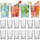 wookgreat Vintage Drinking Glasses Set of 12, Textured Clear Striped Glass Cups, Ribbed Glassware Set, Tall Water Glass Tumblers, Mojito Cups, Cocktail Glass, Iced Coffee Cup, Bar Glassware