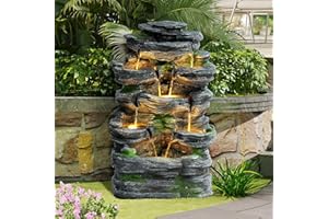 GIODIR Garden Fountains Outdoor, 7-Tiers Cascading Rock Water Fountain, 24.4" H Waterfall Fountain Indoor with 6 LED Lights and Moss for Patio, Yard and Home Art Decor, Natural Stone Look