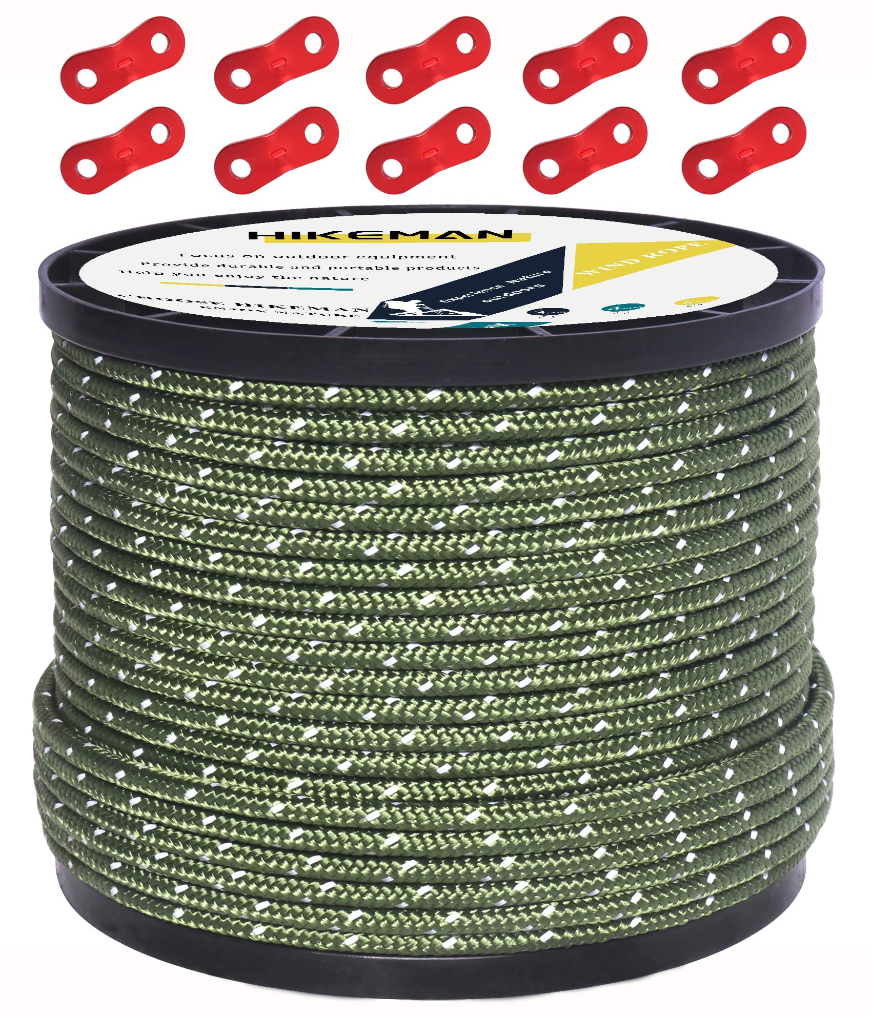 50M Reflective Cord Guy Ropes Outdoor Tent Guide Rope 100% Nylon Cord Wind Line with 10Pcs Aluminum alloy tensioners for Camping (Army green, Diameter 4 mm)