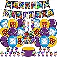 Geometry Dash Birthday Party Decorations ,Geometry Dash Birthday Party Favor with Banner, Ballons,Cake Topper, Cupcake Toppers for Boys Girls Fans Geometry Dash Party Supplies, Purple