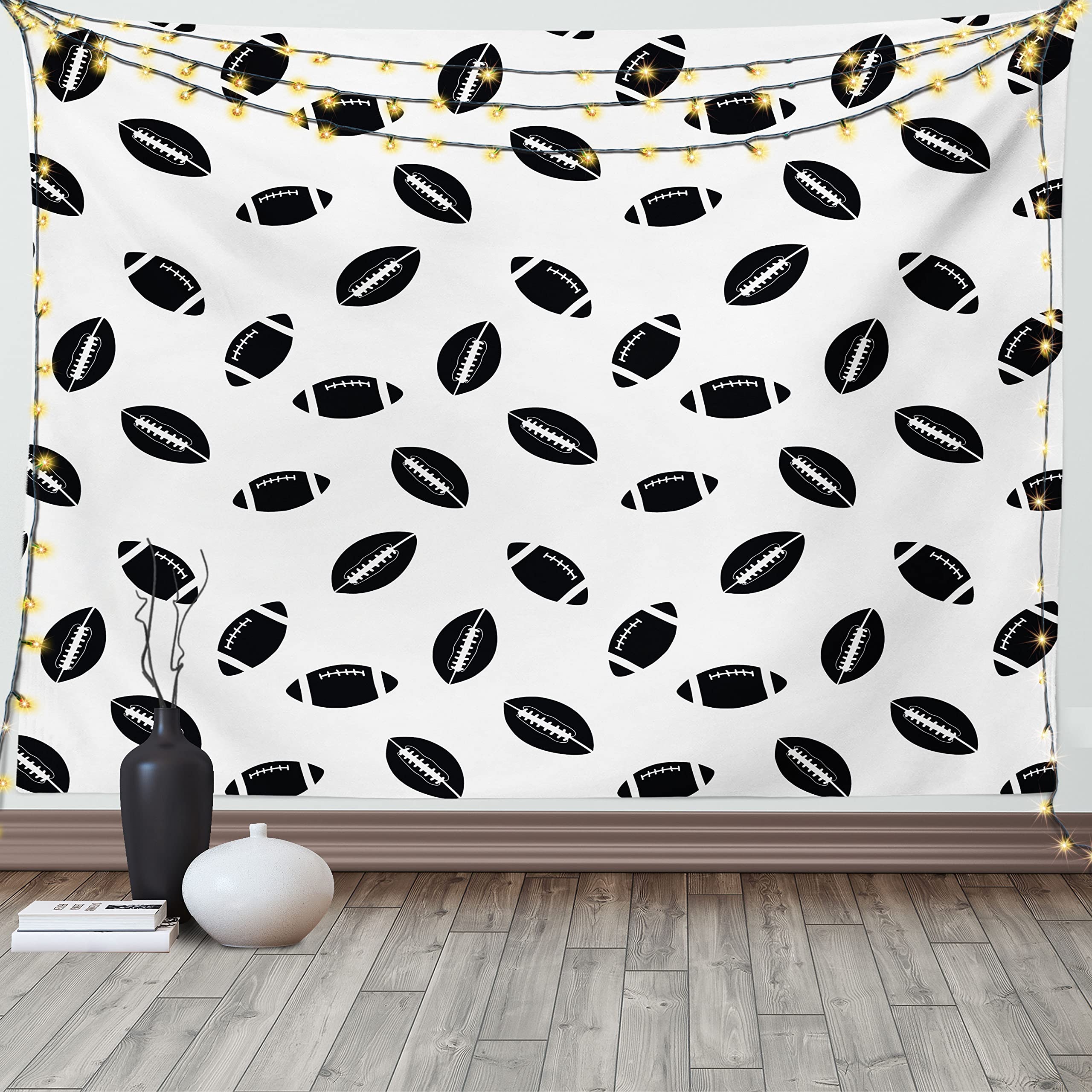 ABAKUHAUS American Football Tapestry, Monochrome Pattern with Black Rugby Balls American Culture Sports Play, Fabric Wall Hanging Decor for Bedroom Living Room Dorm, 90 W X 54 L, Black White