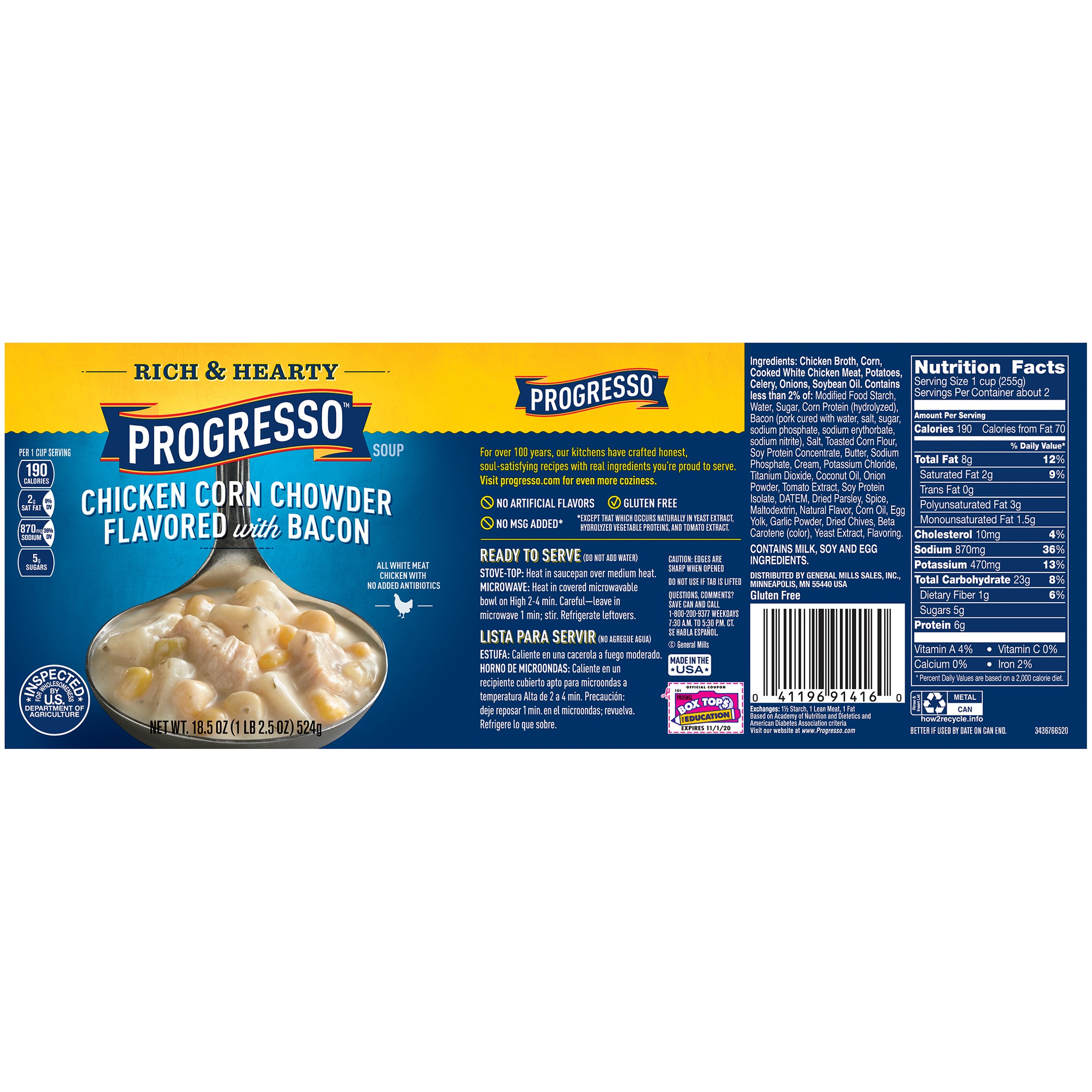 Progresso Gluten Free Rich & Hearty Chicken Corn Chowder Soup 18.5 oz
