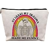 uinwk Funny Mental Health Makeup Bag, Mental Health Gifts, at Least My Trauma Made Me Funny Sarcastic Skeleton Meme Cosmetic Bag, Psychology Gifts, Funny Gifts for Women Adult Humor