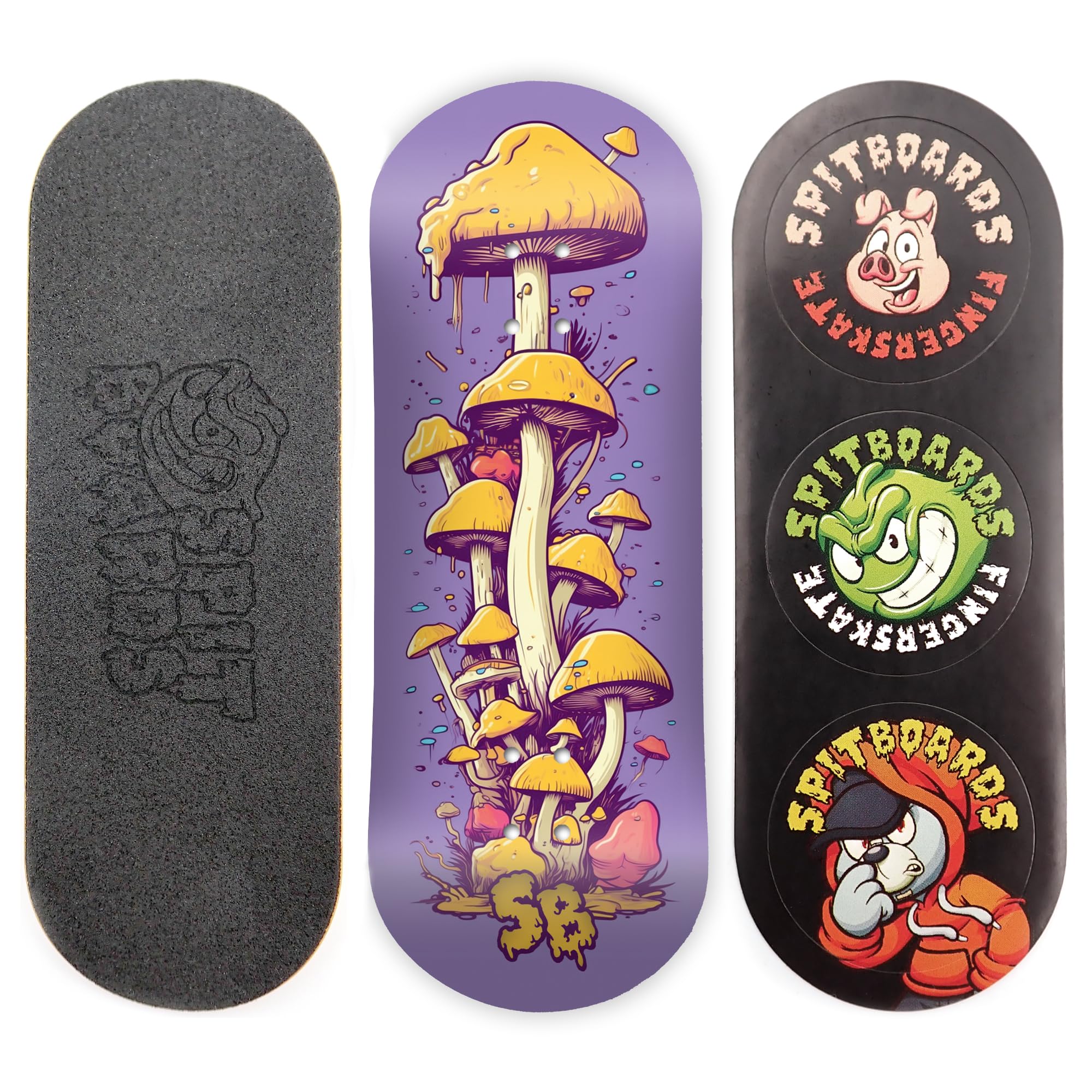 SPITBOARDS 34 mm Fingerboard Deck - Real Wood (5-Layers) Classic Popsicle Street Shape - Size: 34 x 96 mm - Single Graphic Deck (Real Wear) - Optimised Concave - Mushroom Cheese