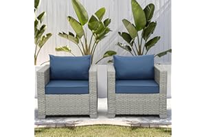 WAROOM Outdoor Sofa Wicker Patio Chairs Set of 2, Porch Single Chair Grey Rattan Deep Seating Armchair Balcony Furniture with Blue Cushion