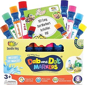 Washable 8 Colors Dot Markers Pack Set. Fun Art Supplies for Kids, Toddlers and Preschoolers. Non Toxic Arts and Crafts Supplies. Includes 200 Plus Fun Downloadable Coloring PDF Sheets (8 Pack)