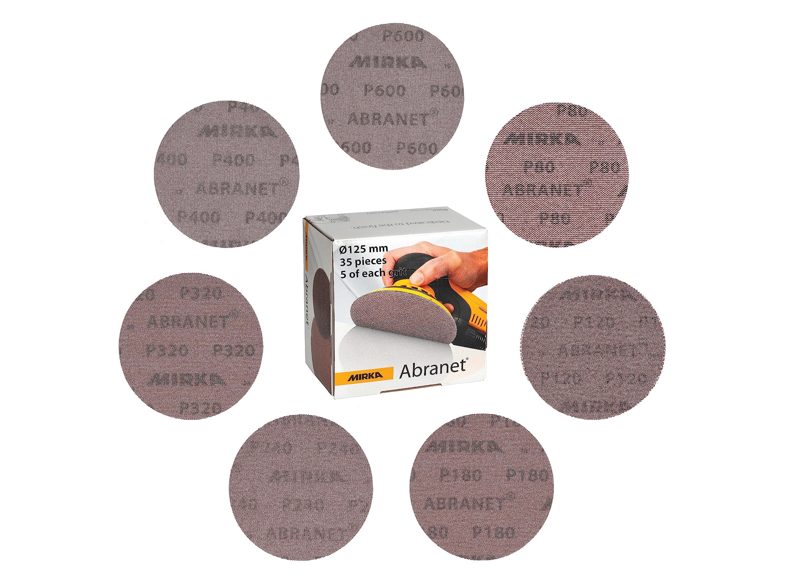 Mirka Abranet net sanding discs Ø 125 mm Hook & loop/Mix-pack 5 pcs of each grit size 80, 120, 180, 240, 320, 400, 600/35 pcs/For all 125 mm orbital sanders and grinders