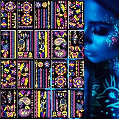 FACEGEM LONDON Glow in the Dark Neon Temporary Tattoos 170+ Designs