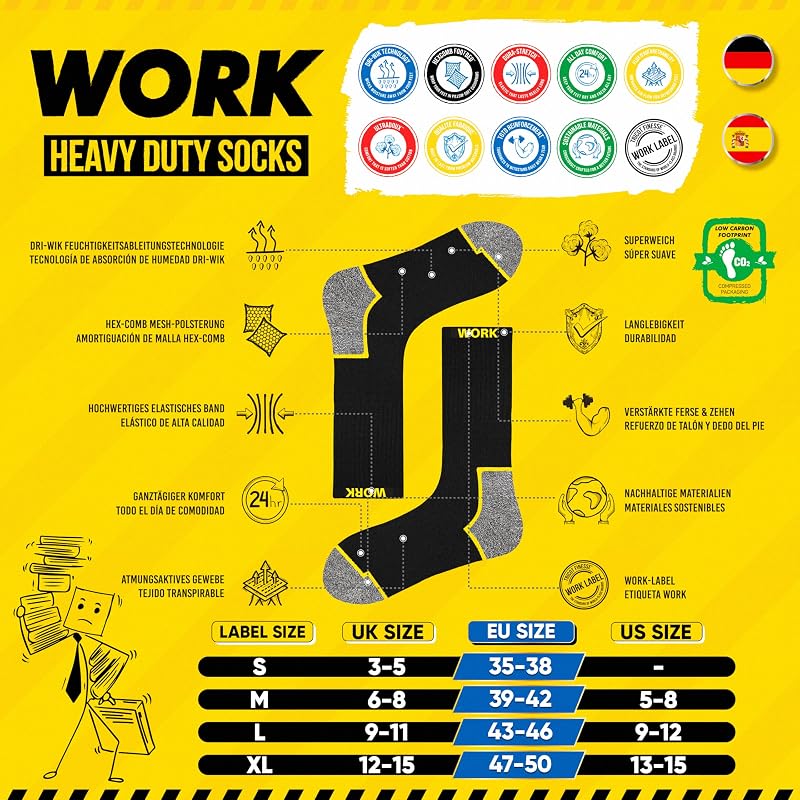 10 Paires Chaussettes de travail noires homme, mi-mollet | Technologie DRI-WIK d’évacuation de l’humidité | Talon et pointe renforcés | WORK socks lot de 10 paires, 43-46
