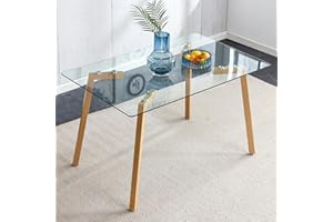 NicBex Glass Dining Table Modern Minimalist Rectangle for 4-6 Tempered Glass Tabletop with Wooden Coated Metal Legs Writing Desk for Kitchens, Restaurants, and Living Rooms, Transparent