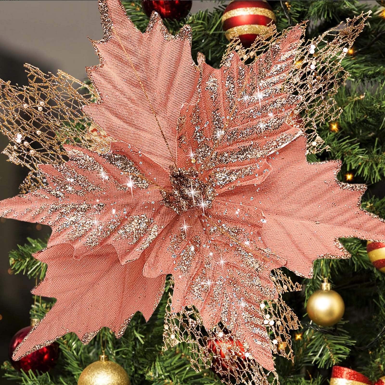 View 1 of 10'' Large Christmas Glitter Poinsettia Flowers Decorations, stadeco 10 Pcs Christmas Tree Picks Ornaments Artificial Flowers with Long Stems for Xmas Tree Wreath Garland Wedding Party DIY Decor