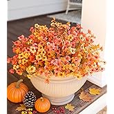 HyeFlora Artificial Fall Flowers Faux Mums for Outdoor Indoor Garden Home Decoration, Faux Flower Daisy with Eucalyptus Leaves Fake Mums Plants Greenery Boxwood Porch Patio, 12 Bundles