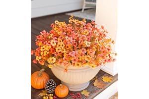 HyeFlora Artificial Fall Flowers Faux Mums for Outdoor Indoor Garden Home Decoration, Faux Flower Daisy with Eucalyptus Leaves Fake Mums Plants Greenery Boxwood Porch Patio, 12 Bundles