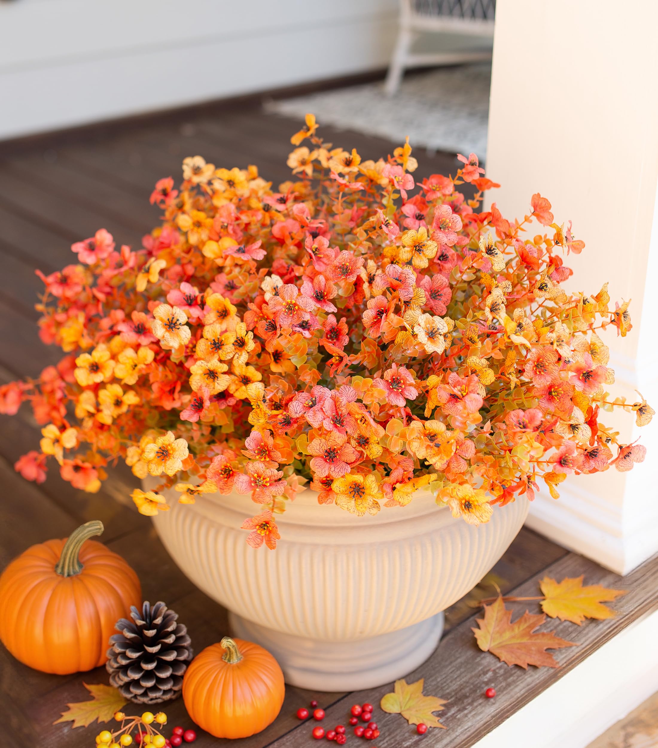 Photo 1 of HyeFlora Artificial Fall Flowers Faux Mums for Outdoor Indoor Garden Home Decoration, Faux Flower Daisy with Eucalyptus Leaves Fake Mums Plants Greenery Boxwood Porch Patio, 12 Bundles