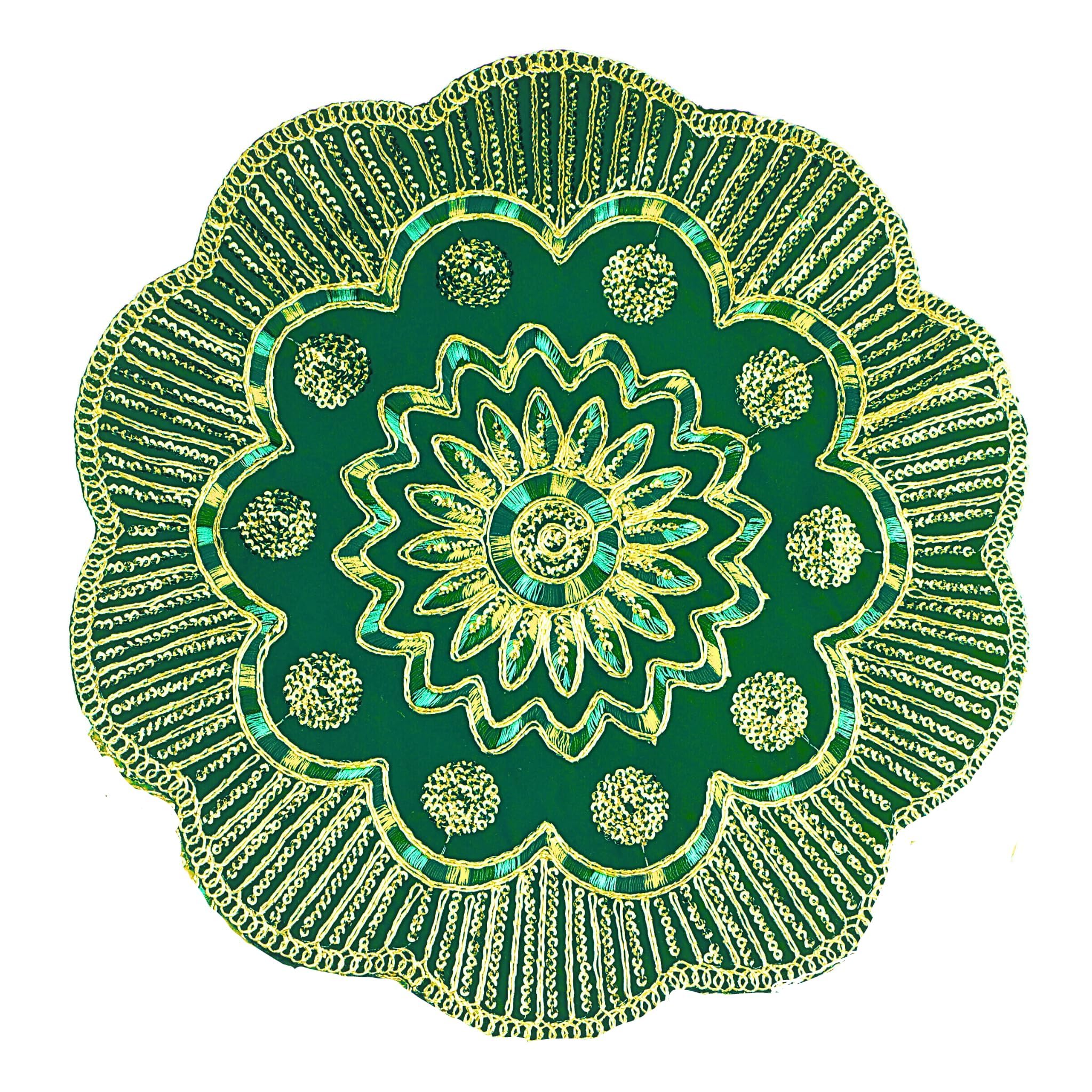 Decorative Round Mat Aasan Velvet Pooja Cloth with Sequence Work for Indian Traditional Festival Laxmi Poojan New year Decorations Multipurpose Pooja Item Article Home Decor(Size:- 21" X 21")(Green)
