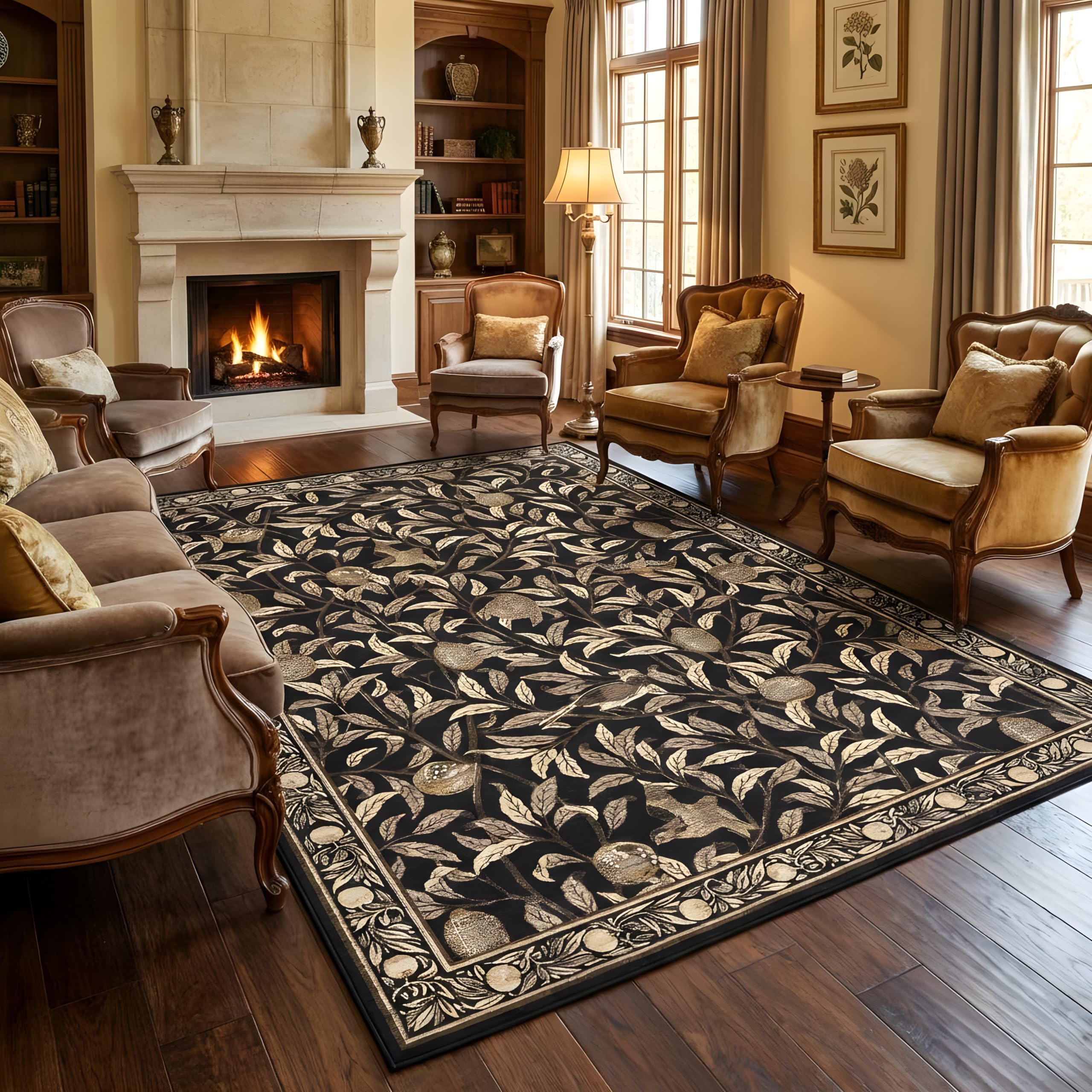 Photo 1 of GarveeHome Boho Leaf Rugs for Bedroom, 5x7 Area Rugs for Living Room with Soft Low Pile, Non Slip Botanical Bird 5x7 Washable Rug for Dining Stain Resistant Indoor Brown Carpet for Playroom Dorm