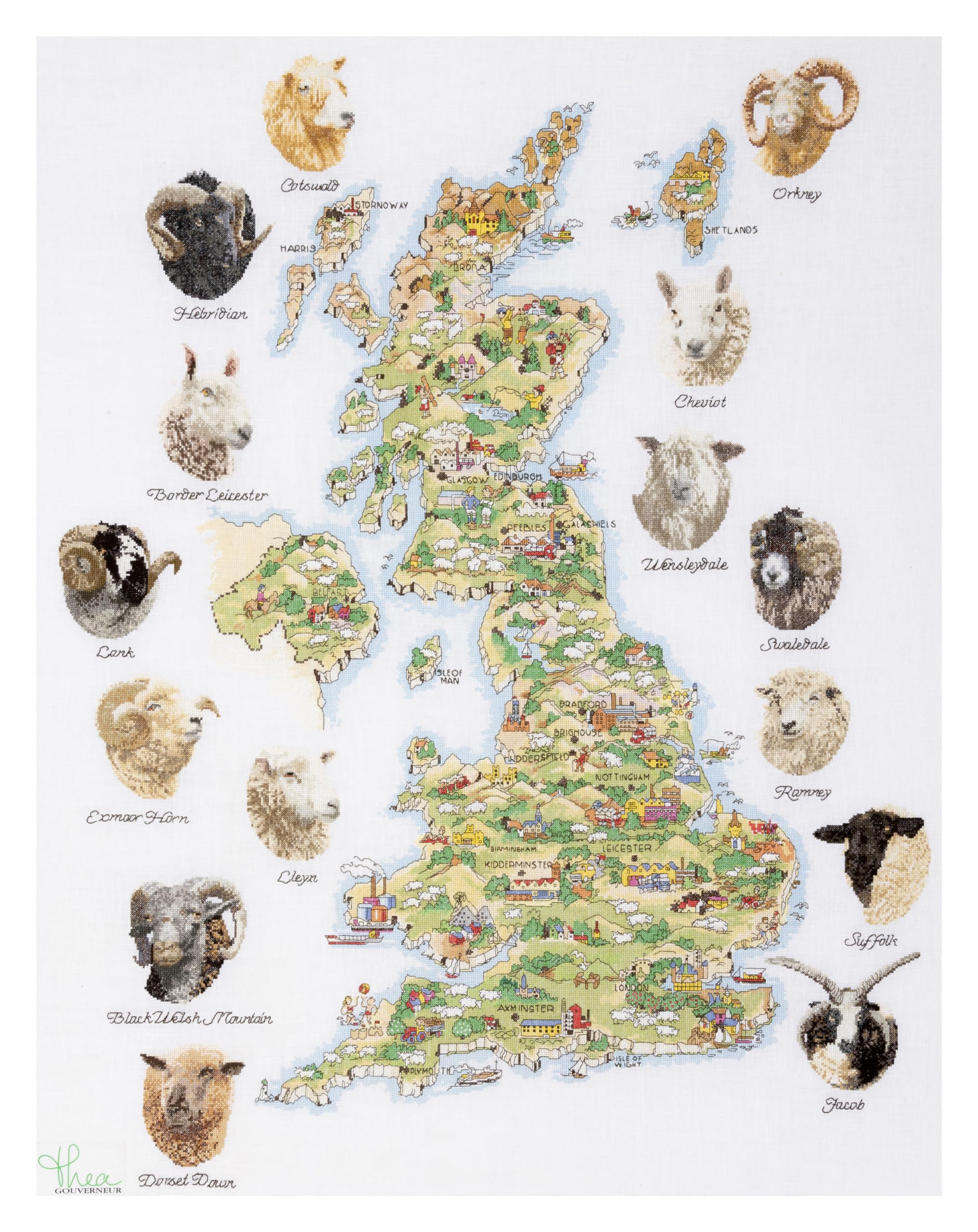 Thea Gouverneur - Counted Cross Stitch Kit - Sheep Map of Great Britain - Aida - 18 Count - Embroidery Kit for Adults - DMC Embroidery Threads and Other Cross Stitch Supplies Included - 1076A