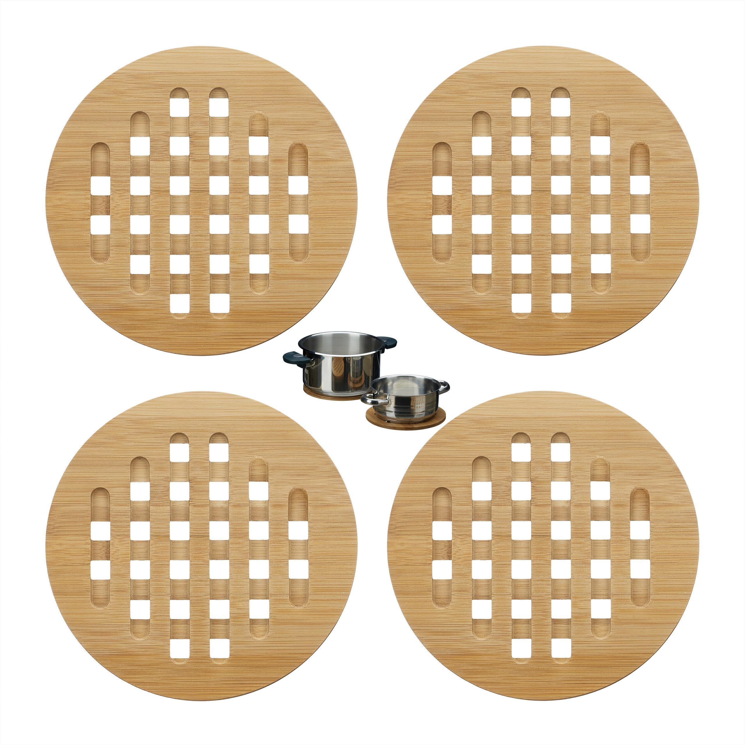 Relaxdays Set of 4 Round Bamboo Pot Holders, Wooden, ca 20 cm Diameter, Natural