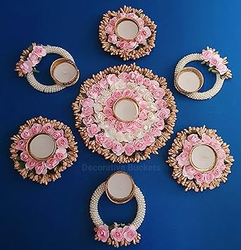 Decorative Buckets Handmade Tea Light Holders|Set of 7 Pink Rangoli Candle Holders|Diwali Decorations|onam pongal Rangoli Floor Decorations|Diwali diyas|Diwali Lights|Diwali Candles