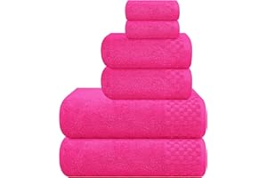 MyOwn Premium Cotton 6 Pack Towel Set for Bathroom, Contains 2 Bath Towels 28x55 inch, 2 Hand Towels 16x24 inch & 2 Wash Coths 12x12 inch, Ideal Everyday use, Compact & Lightweight - Hot Pink