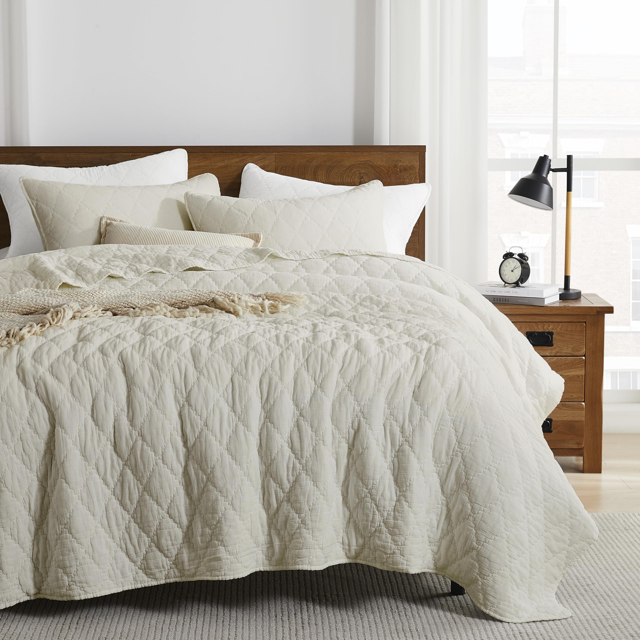 Photo 1 of palassio Beige Queen Size Quilt Set, Muslin Cotton Shell Down-Alt Poly Filling, Soft Shabby Chic Rustic Farmhouse Country Bedspread, Lightweight Textured Gauze Coverlet, Lightweight Bedding, 2 Shams