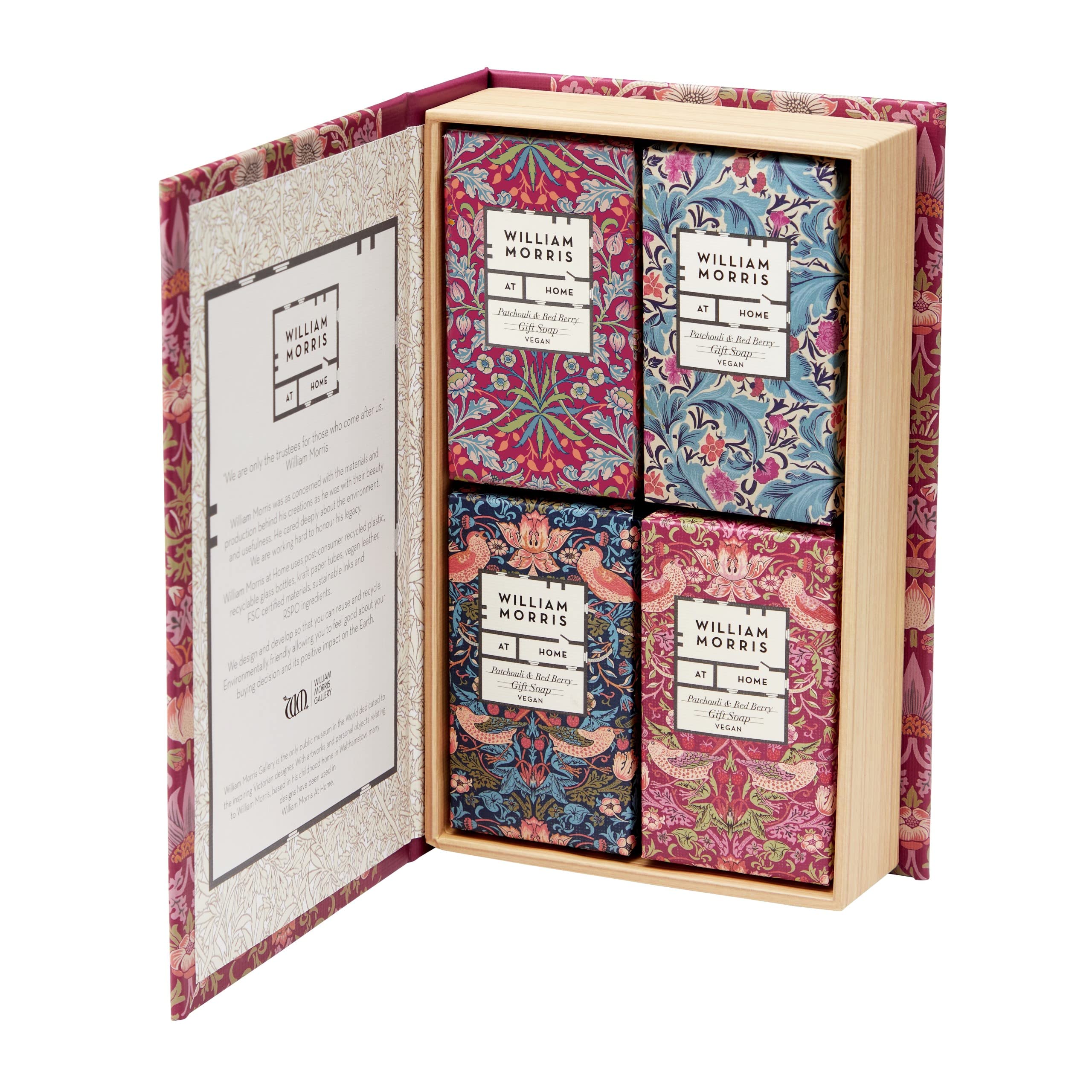 William Morris At Home Soap 4 x 50g, Guest Soaps Fragranced With Patchouli and Red Berry, Giftable Book Box, Vegan and Cruelty Friendly, Gift For Home Lovers