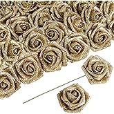 ICBOX 30 PCS Gold Artificial Flowers Glitter Roses Artificial Roses 2.17 in Foam Fake Flowers with Stem for Wedding Home Party DIY Bridal Bouquet Centerpieces Decor(Gold)