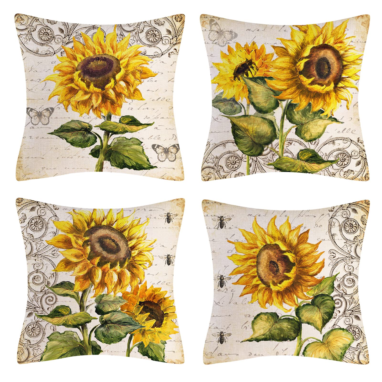 OCEUMACO Linen Cushion Covers 45 x 45 cm Sofa Living Room Set of 4 Square Vintage Flowers Throw Pillow Cases 18x18 Inches Outdoor Floral Sunflowers Pillowcases Cushions Cover - Mustard Yellow