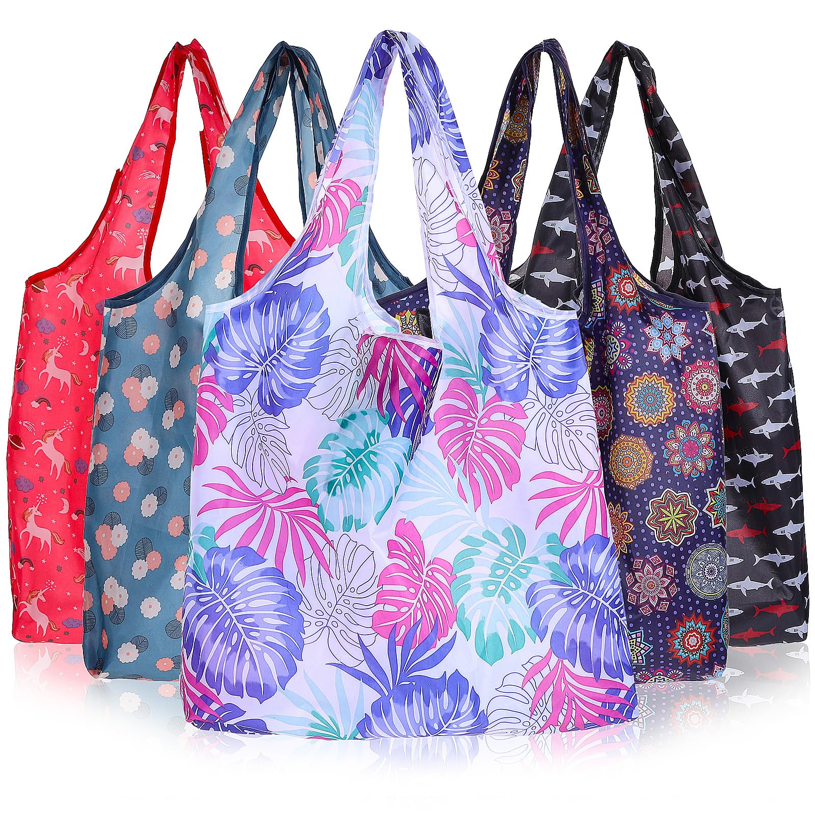 iplusmile Reusable Grocery Bags Foldable Shopping Bag Bulk, Fashion Recycling Tote Bags for Women,Groceries,Mother 5 packs
