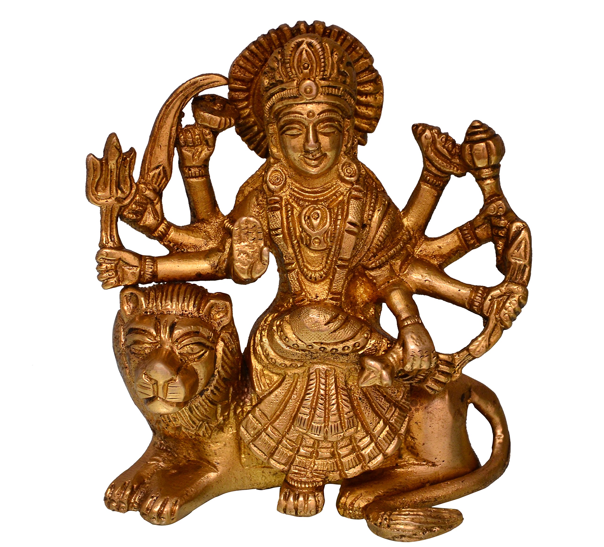 Purpledip Hindu Goddess Shera Wali Durga Ma Statue: Solid Brass Metal Idol For Home Temple, Office Table Or Shop Puja Shelf | Religious Gift (10681)