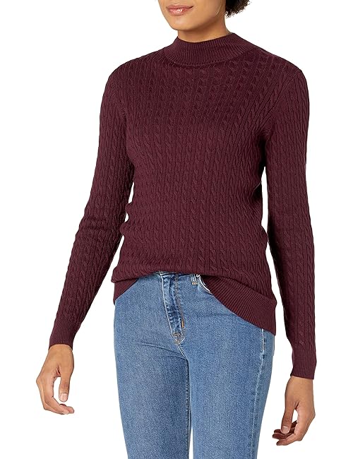 Amazon Essentials Women's Classic-Fit Lightweight Cable Long-Sleeve Mock Neck Sweater, Burgundy, XX-Large
